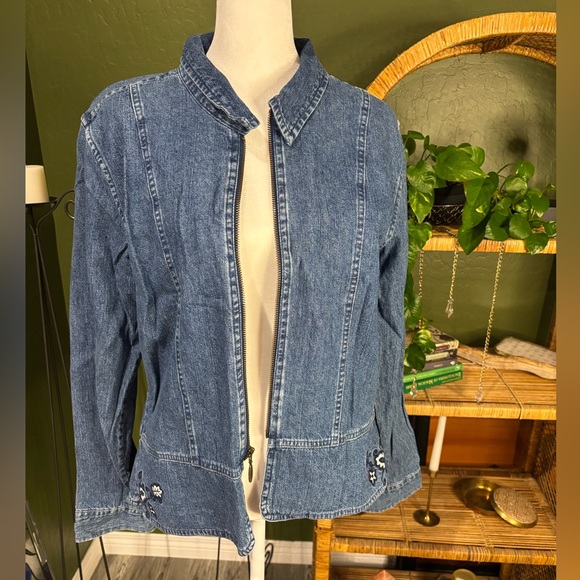 VTG CJ Banks Blue Jean Denim Floral Antique China Embroidered Zip Up Jacket - Picture 4 of 7